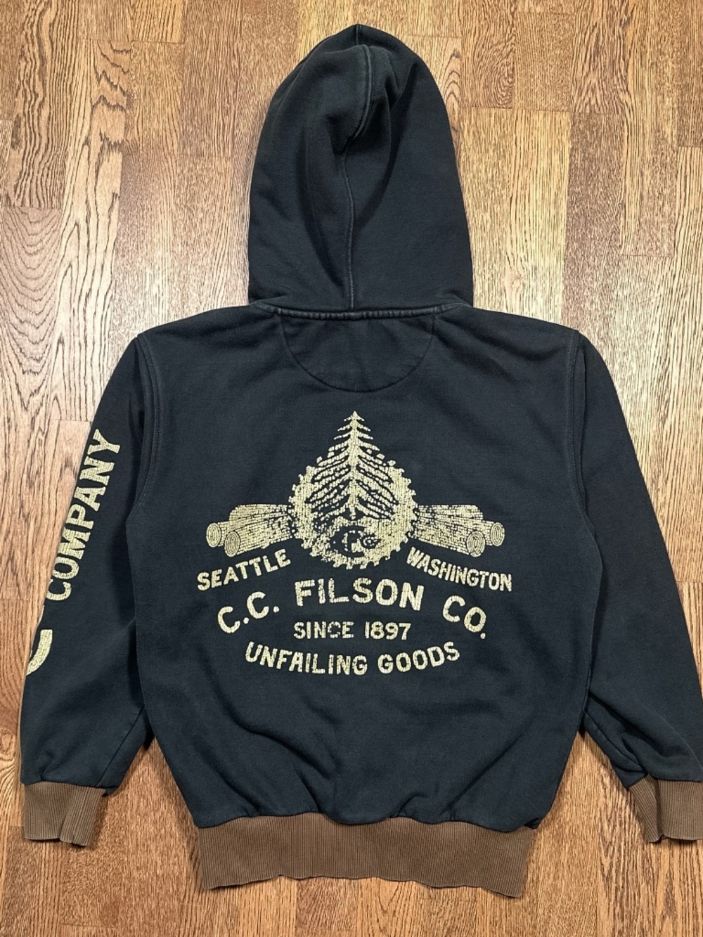 CC Filson Prospector Graphic Logo Print Gray Brown Fleece Hoodie Mens XS